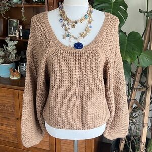 Cotton Emporium Camel Tan Chunky Cozy Knit Balloon Sleeve Sweater S